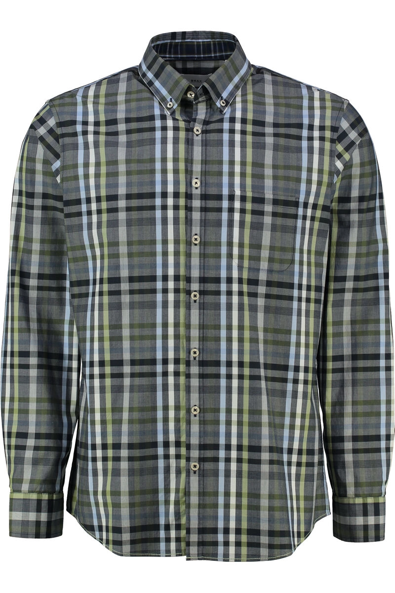 BRAX Hemd Daniel blau/grün kariert Modern Fit Langarm Button-Down
