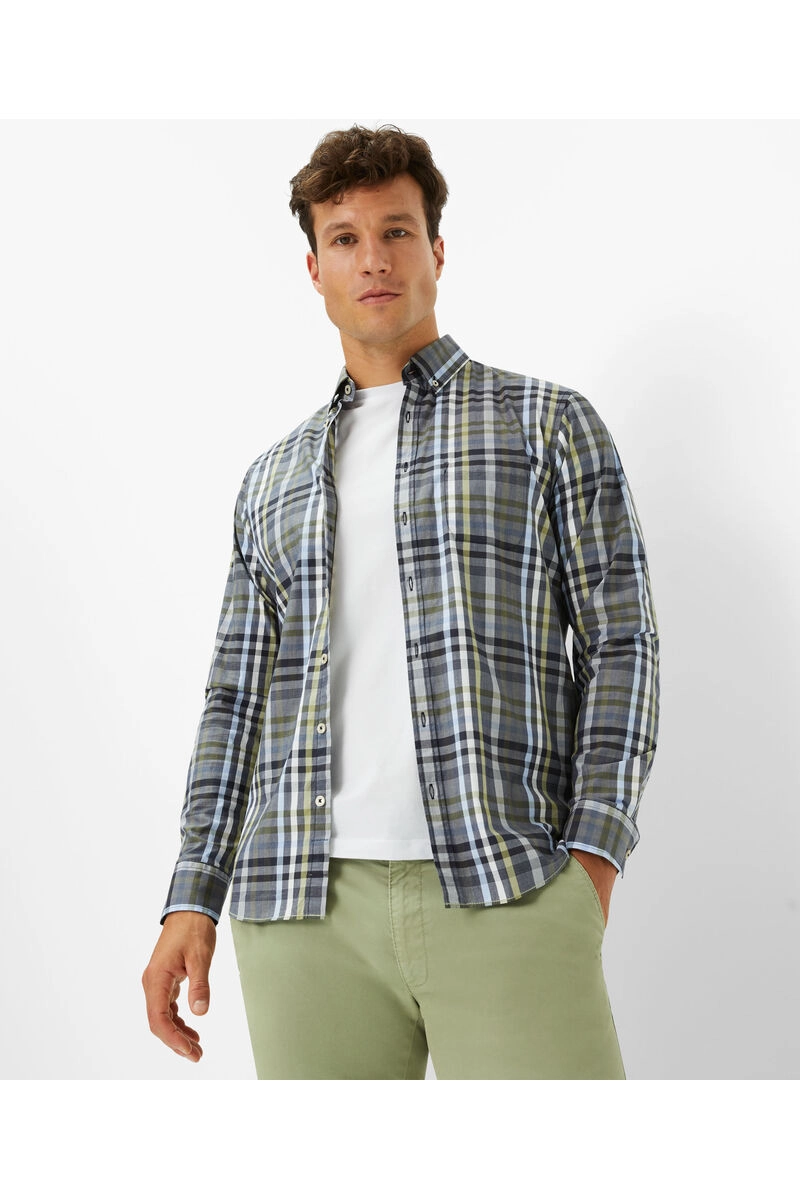 BRAX Hemd Daniel blau/grün kariert Modern Fit Langarm Button-Down