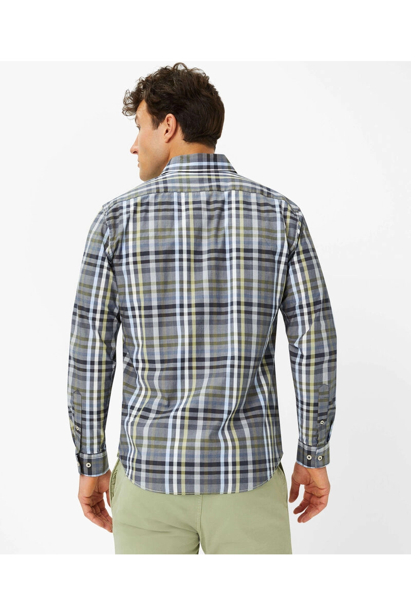 BRAX Hemd Daniel blau/grün kariert Modern Fit Langarm Button-Down