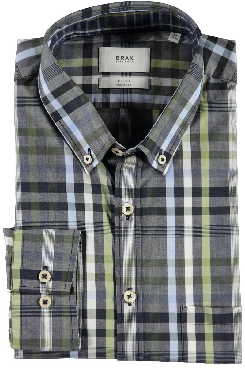 BRAX Hemd Daniel blau/grün kariert Modern Fit Langarm Button-Down