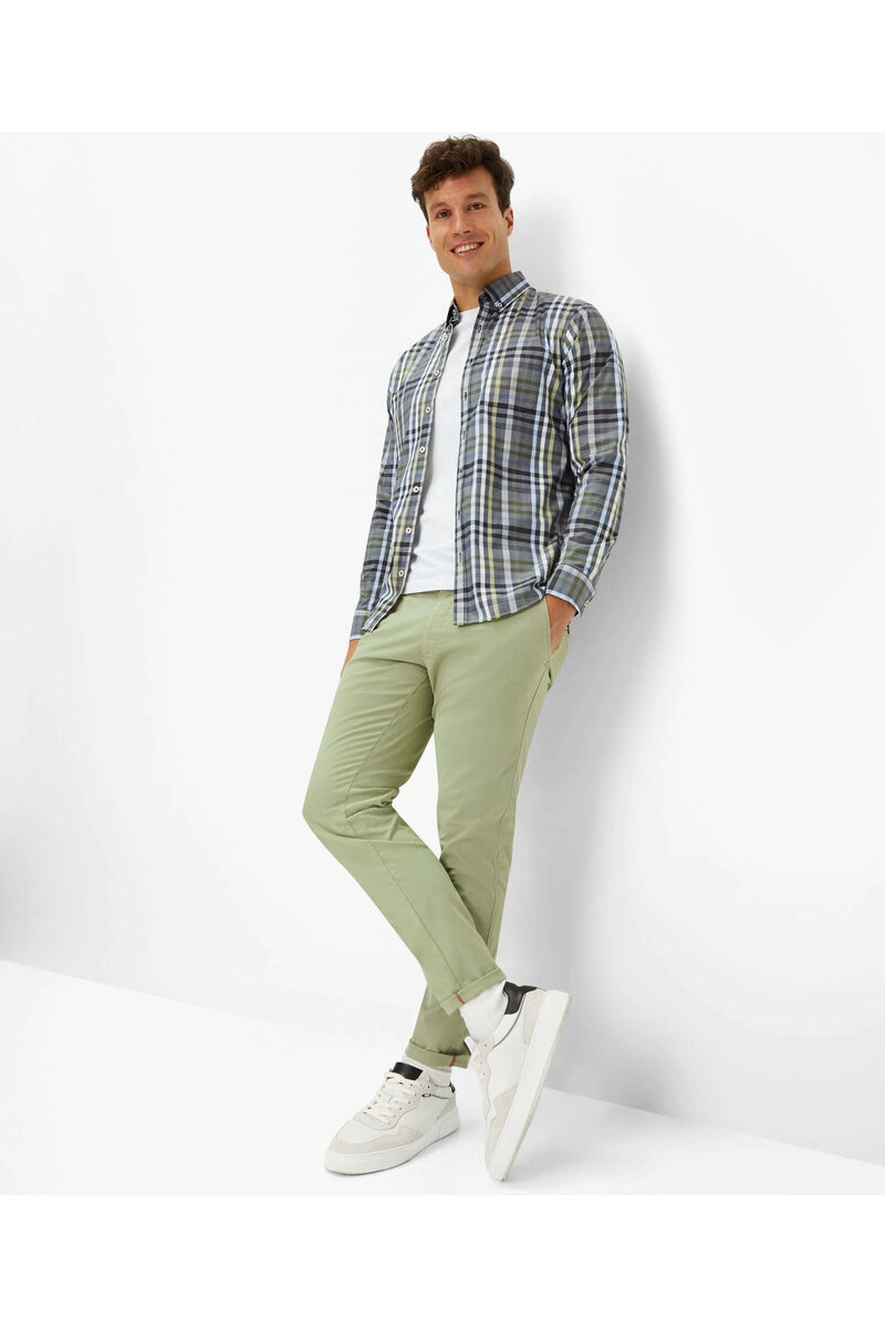 BRAX Hemd Daniel blau/grün kariert Modern Fit Langarm Button-Down