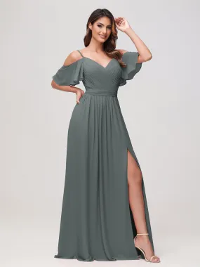 Schulterfrei A-Linie Rüschen Chiffon Kleid mit Schlitz Stahlgrau